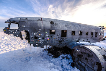 Destroyed historic airplane on Iceland coast