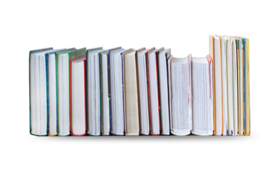 many books in a pile stand on the table on Isolated white background.