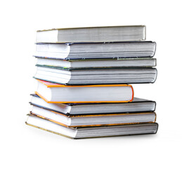 many books in a pile stand on the table on Isolated white background.