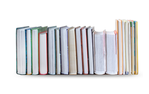 many books in a pile stand on the table on Isolated white background.