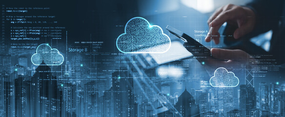 Businessman touching cloud computing network. Cloud technology, data transfer and online data...