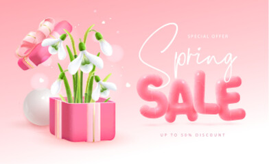 Spring big sale poster with realistic full blossom snowdrops, gift box and 3d text on pink background. Vector illustration