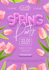 Spring disco party typography poster with realistic full blossom tulips and 3d text on purple background. Vector illustration