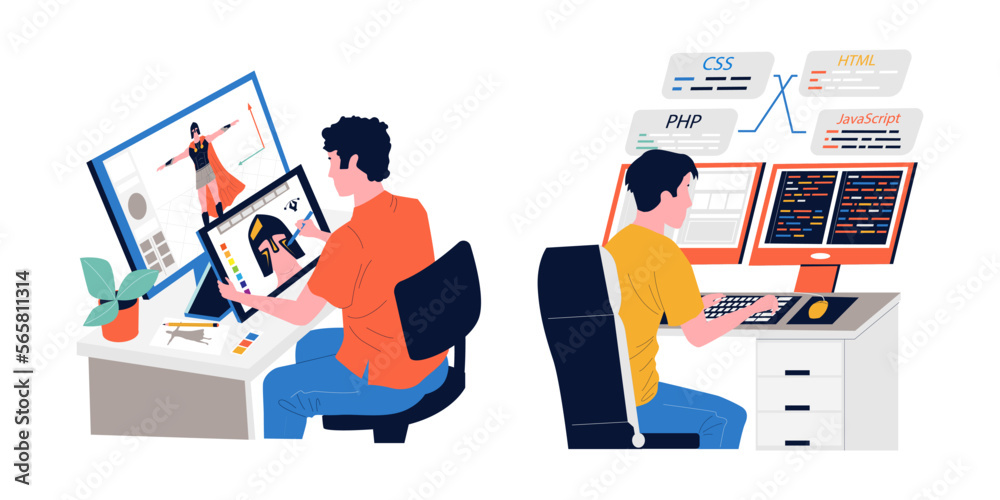 Poster Game development. People programming or coding video gaming script. Freelance occupation. Men working with computer. Programmers creating play characters. Developers job. Vector concept