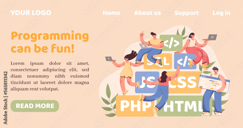 Fototapete Computer programming. Landing page. Web design. Program coder team. Software agency. Professional website engineer office. Digital language. Backend developer. Vector illustration concept