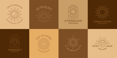 Sun boho logo. Bohemian sun icons, minimal rays. Boho style, yoga line isolated elements, sunset and sunrise, moon beams, minimalist health print, logotype template. Vector design print