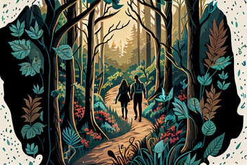 A couple walking through a forest a storybook illustration.