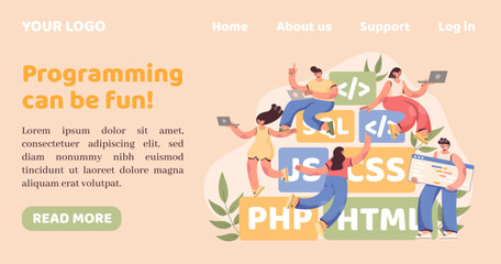 Computer programming. Landing page. Web design. Program coder team. Software agency. Professional website engineer office. Digital language. Backend developer. Vector illustration concept