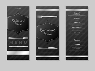 Luxury food menu design. Restaurant brochure cover. Elegant black logo on lunch flyer with prices. Creative cafe presentation cards set. Dinner serving. Vector catering leaflet template