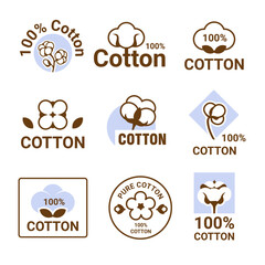 Soft cotton icon, organic logo. Nature symbol, stamp or sticker, sign of plant industry, for natural textile clothing. Logotype botanical template. Isolated elements. Vector illustration design