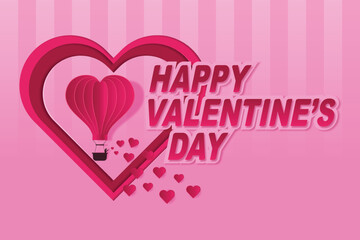 Fototapeta na wymiar Happy Valentine's day poster. paper cut hot air balloon and woman spreading love with heart frame on pink background. Vector illustration. Paper cut style.