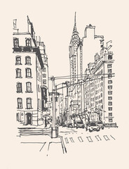 Architecture sketch illustration. Travel sketch of the street in New York, USA. Liner sketches architecture of houses and buildings. Freehand drawing. Sketchy line art drawing with a pen on paper.