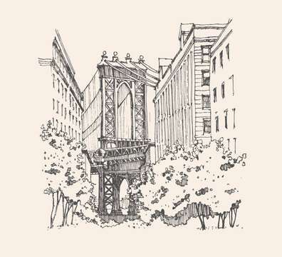 recommend clip art: Architecture sketch illustration. Travel sketch of Manhattan Bridge New York, USA. Liner sketches architecture of the street. Freehand drawing. Urban sketch in black color isolated on beige background