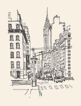 recommend clip art: Architecture sketch illustration. Travel sketch of the street in New York, USA. Liner sketches architecture of houses and buildings. Freehand drawing. Sketchy line art drawing with a pen on paper.