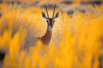 The springbok (medium-sized antelope) in tall yellow grass. Wild african animals. Post-processed digital AI art	 - obrazy, fototapety, plakaty