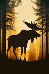 Silhouette of moose in the foggy misty forest at dawn. digital art illustrations by generative ai