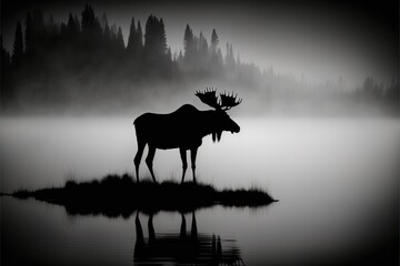 Silhouette of moose in the foggy misty forest at dawn. digital art illustrations by generative ai