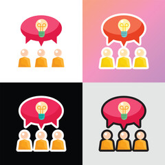 Idea sharing flat icon. Group of people is brainstorming. Teamwork. Speech bubble with light bulb. Modern vector illustration.