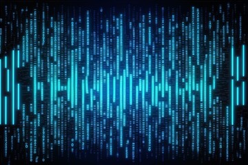 Seamless abstract binary code computer programming, big data or cyber concept background. Glowing digital signboard backdrop pattern with flowing zeros and ones in high tech neon blue light streaks