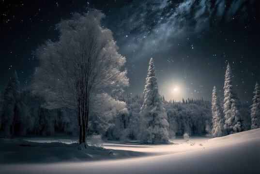 Forest on a winter night, clear sky with a full moon, snowdrifts and a snow-covered tree. Christmas postcard, 2023, winter background © Вячеслав Герц