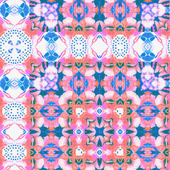 Washed Red Blue blur white vibrant watercolor batik azulejos tile background. Seamless coastal linen effect geometric mosaic effect. Boho Patchwork nautical masculine all over summer fashion repeat.