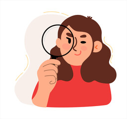 A woman looks through a magnifying glass. The concept of a business idea, startup, organization, brainstorming, problem solving. Vector illustration flat isolated