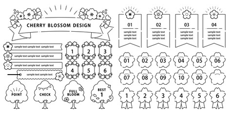 桜のあしらいデザイン ベクター素材セット モノクロ