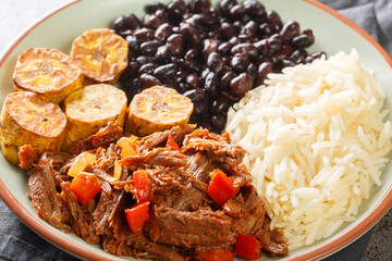 Tasty Pabellon criollo is a Venezuelan dish made with shredded beef that is typically served with white rice, black beans and fried plantains closeup on the plate on the table. Horizontal
