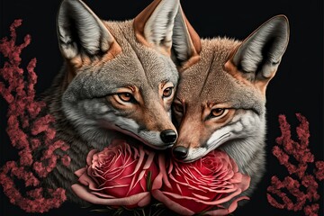 Valentine's Day Rose Cuddling Jackal Couple (generative AI)