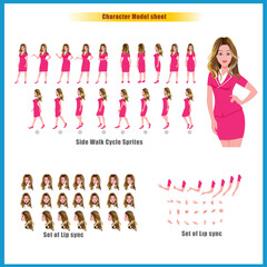 young girl character model sheet with walk cycle animations lip syncing