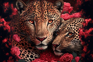 Valentine's Day Rose Cuddling Leopard Couple (generative AI)