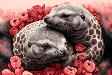 Valentine's Day Rose Cuddling leopard seal Couple (generative AI)