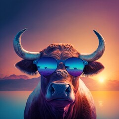 Bull with sunglasses in sunset. Generative AI.