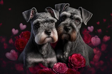 Valentine's Day Rose Cuddling Miniature Schnauzer Couple (generative AI)