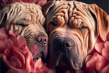 Obraz premium Valentine's Day Rose Cuddling Shar Pei Dog Couple (generative AI)