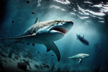 Great White Shark (Carcharodon carcharias) swimming in the ocean, generative ai