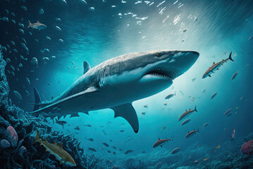 Fototapeta premium Great White Shark (Carcharodon carcharias) swimming in the ocean, generative ai