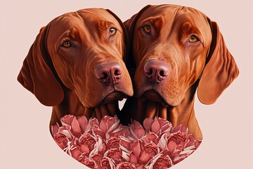 Valentine's Day Rose Cuddling Vizsla Dog Couple (generative AI)