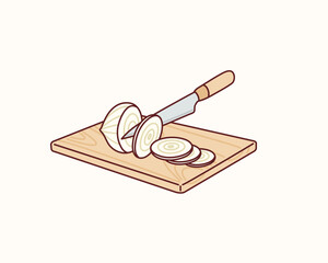 onion on wooden cutting board. Hand drawn style vector design illustrations.