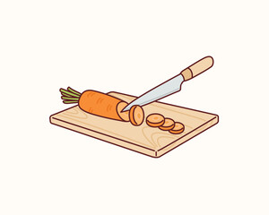 carrot on wooden cutting board. Hand drawn style vector design illustrations.