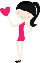 Cute girl with red heart on png background. Love and valentine concept