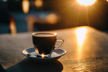 Obraz premium A hot cup of Espresso. Enjoying the aroma and relaxation in an elegant café.