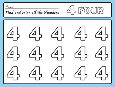 number 4 exercises with kindergarten and preschool kids coloring book illustration, vector 