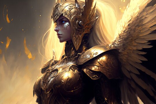 Valkyrie in gold armor. Before heading to the battlefield. It radiates radiant power. generative AI