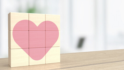 The wood cube and pink heart for valentine or love concept 3d