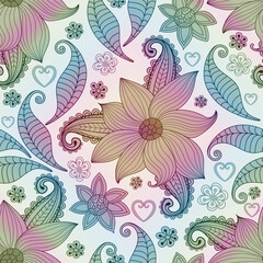 Vector seamless gradient pastel pattern with vintage flowers and hearts