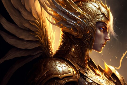 Valkyrie in gold armor. Before heading to the battlefield. It radiates radiant power. generative AI