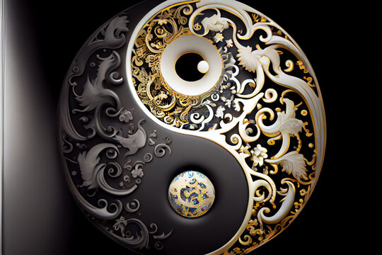 Yin Yang symbol with abstract motifs as meditative spiritual background.