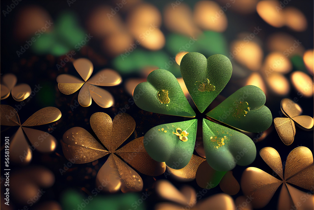 Poster Beautiful Festive background with shining clover shamrocks and golden bokeh. St. Patrick's Day backdrop.	
