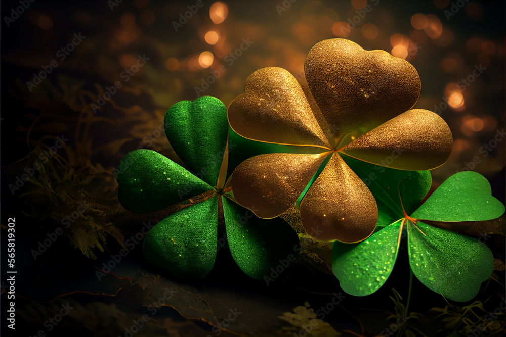 Poster beautiful festive background with shining clover shamrocks and golden bokeh. st. patrick's day backd